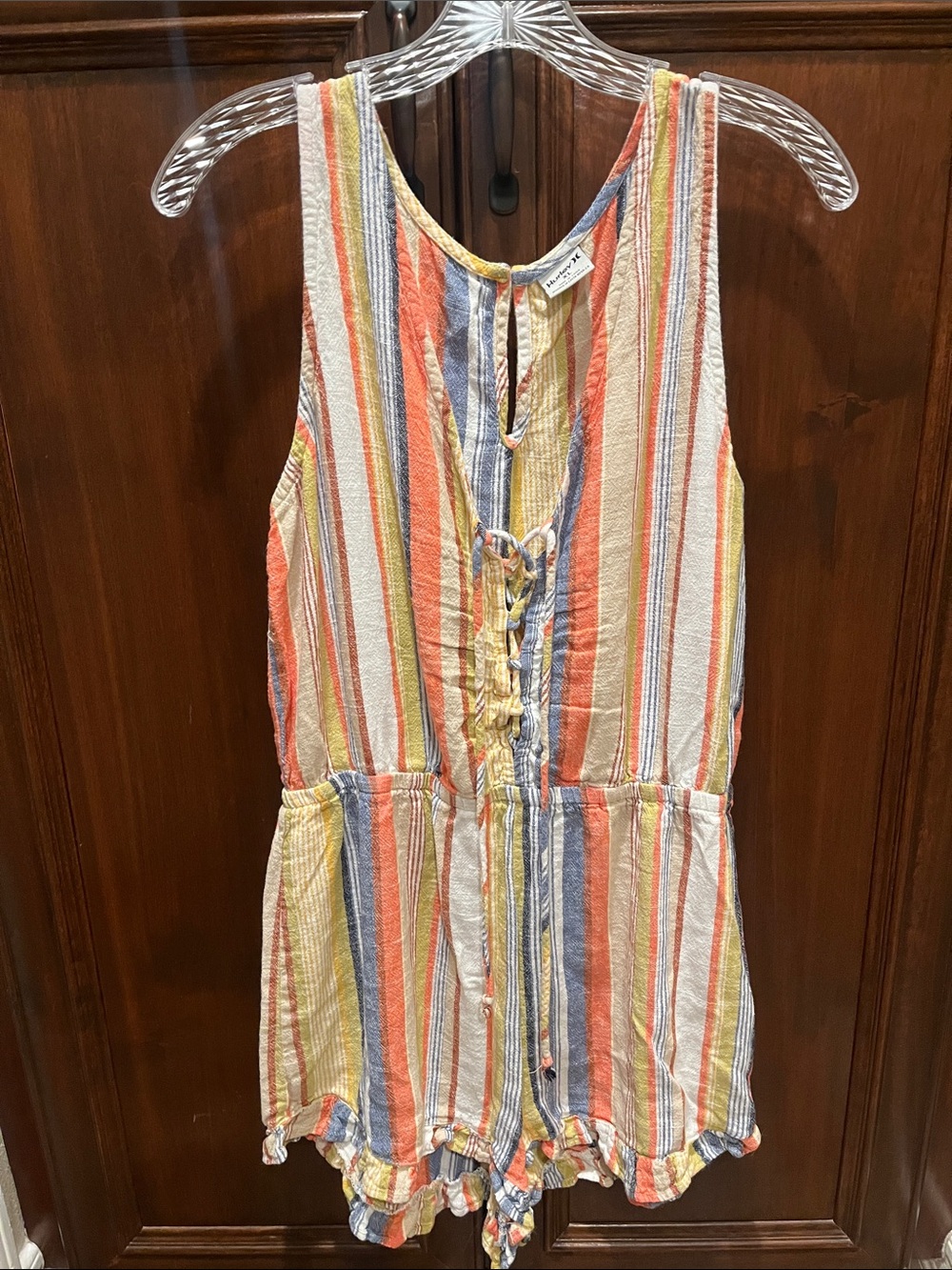 Hurley Striped Sleeveless Romper in Coral, Blue & Yellow